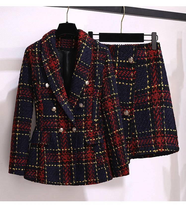 Women Elegant Tweed Suit Blazer Jacket Coat Top And Culottes Short Skirt Two Piece Set Outfit Winter Work Jacquard Office Clothg