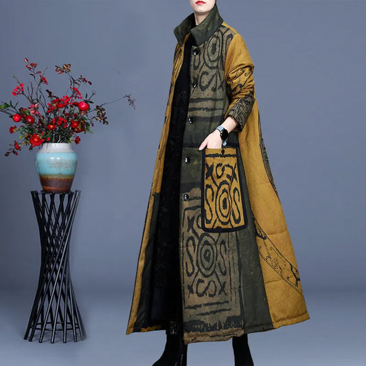 Vintage Print Casual Warm Thick Long Parkas Overcoat For Women