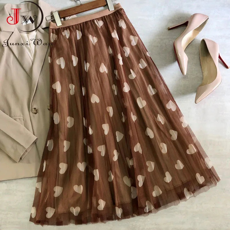 High-Waist Mesh Long Printed Elegant A-Line Pleated Skirt