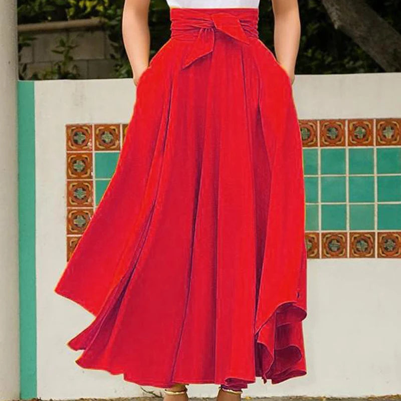 Solid-Colour High-Waist A-Line Pleated Bow-Belt Flared Skirt