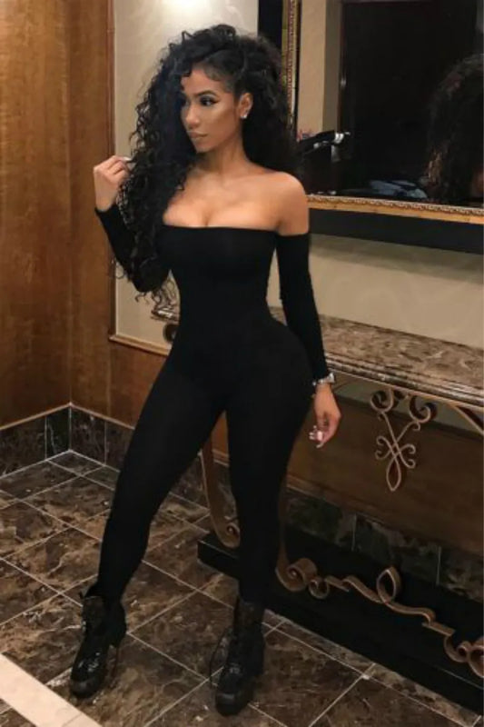 Sexy Woollen Off-Shoulder Slash-Neck Bodycon Jumpsuit