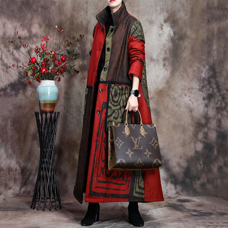 Vintage Print Casual Warm Thick Long Parkas Overcoat For Women