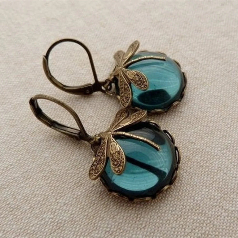 Vintage Dragonfly Pendant Earrings - Blue Moonstone Drop Earrings For Women