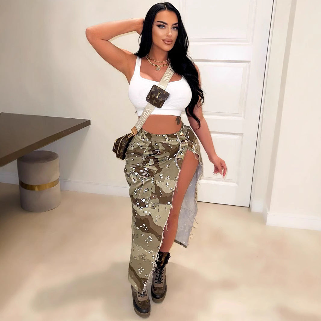 Camouflage Wash Pocket Slit Tassel Skirt