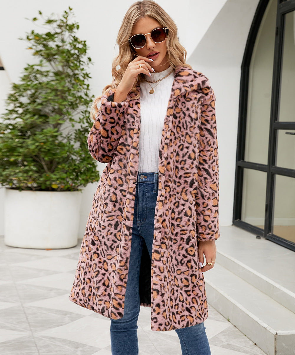 Leopard Print Imitation Fur Plush Lapel Coat