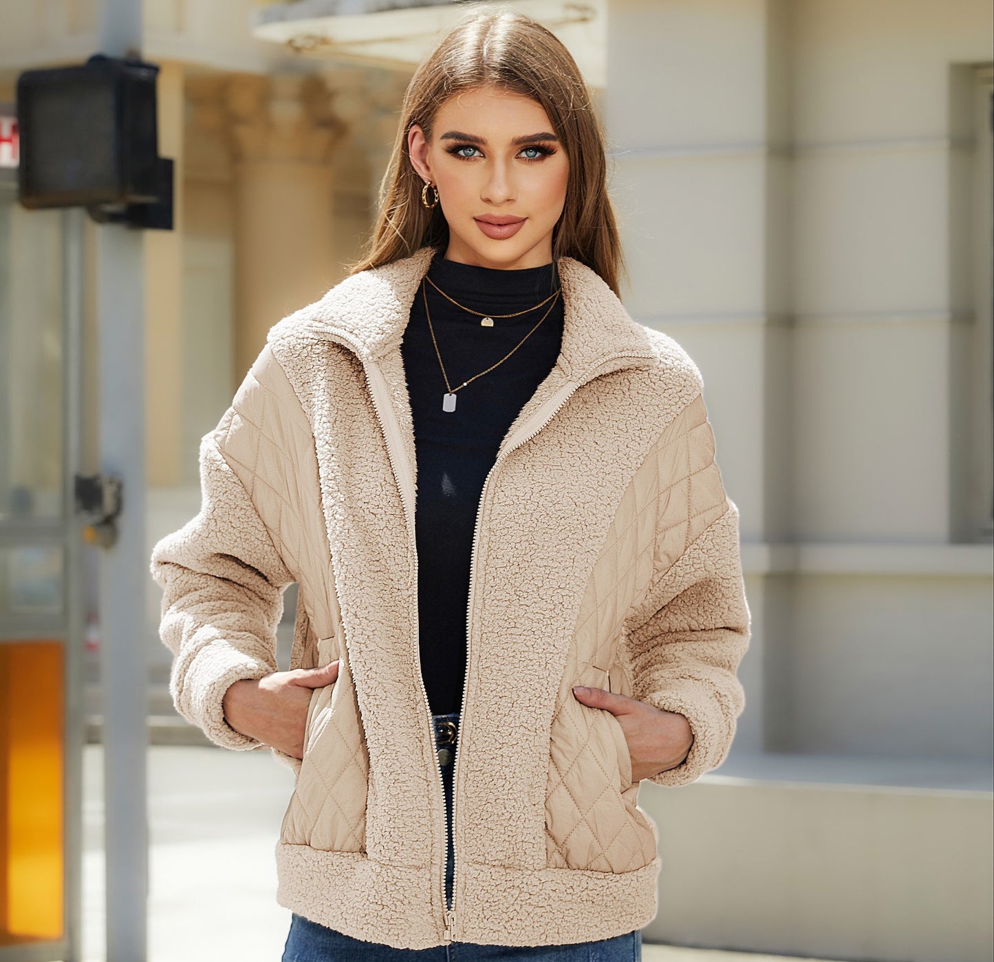 Women's Zipper Plush Stitching Coat