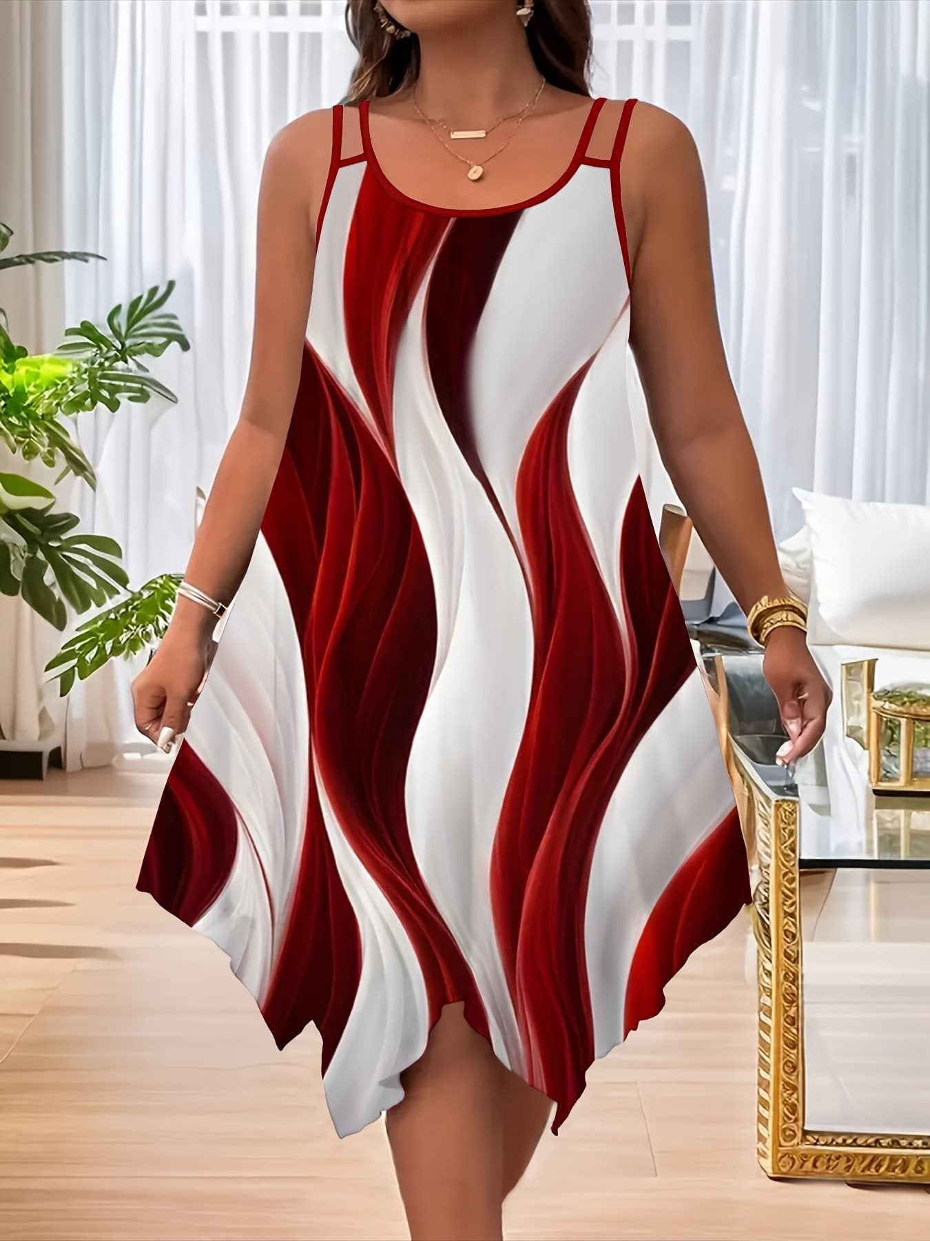 Plus-Size Double Shoulder-Strap Printed Midi Dress