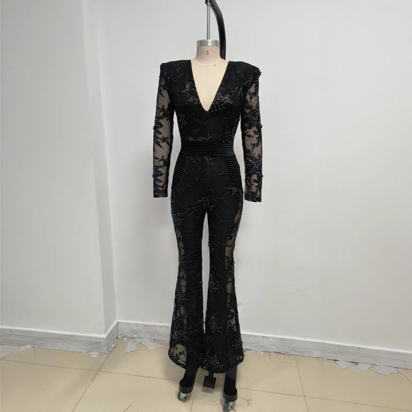 Lace Rhinestone Long-Sleeve Evening Jumpsuit