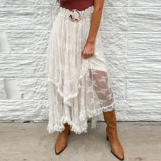 Irregular-Hem Mesh Long Skirt
