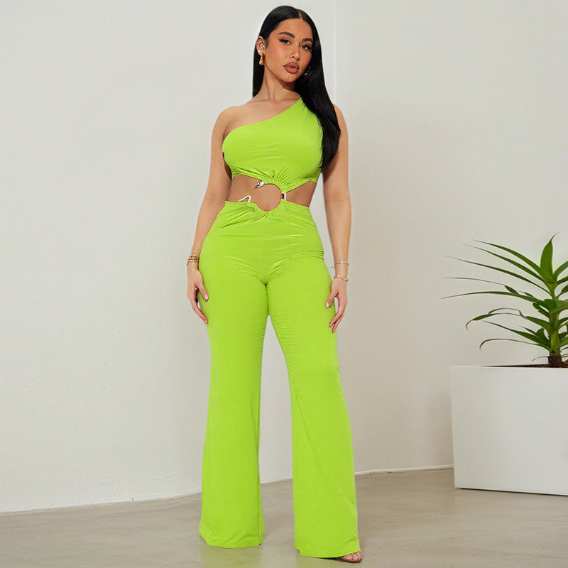 Hollow-Out Diagonal-Collar Conjoined Lace-Up Jumpsuit