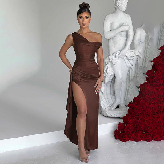 Girdle Fishbone Satin Split Dress For Women