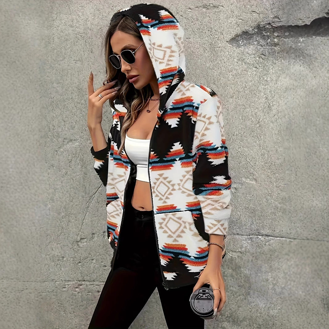Female Rhombus Color Contrast Short Berber Fleece Coat