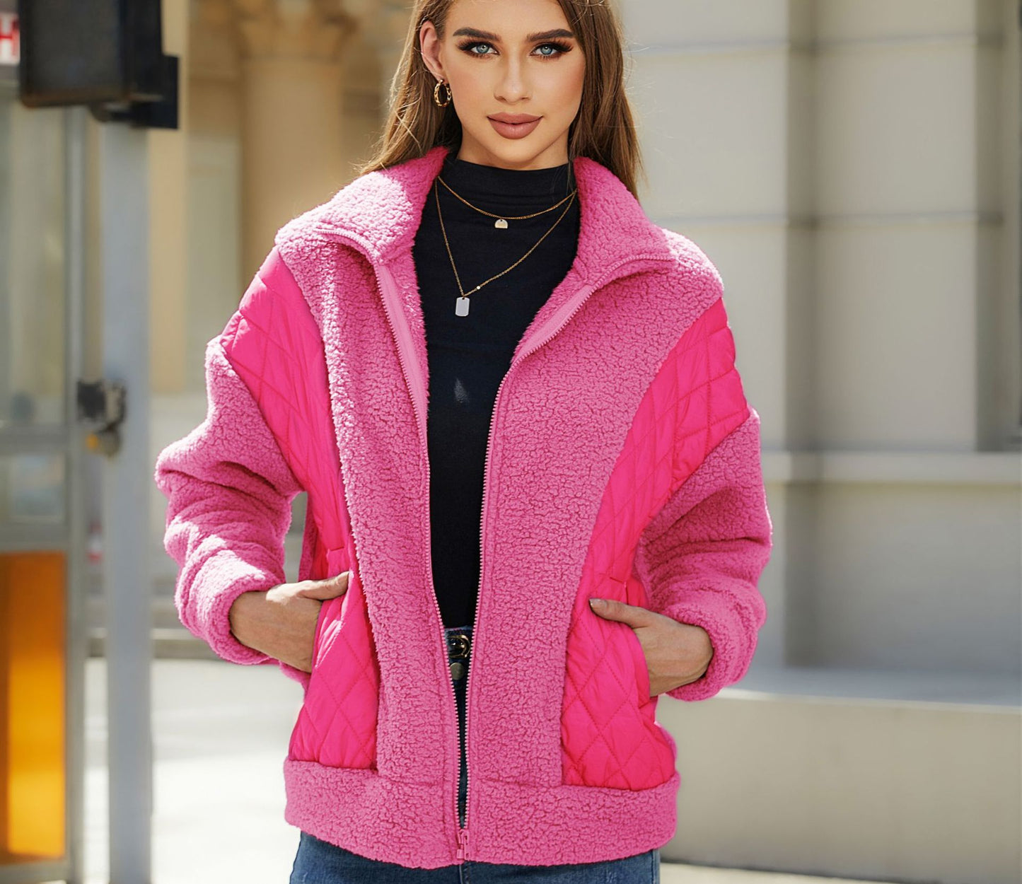 Women's Zipper Plush Stitching Coat