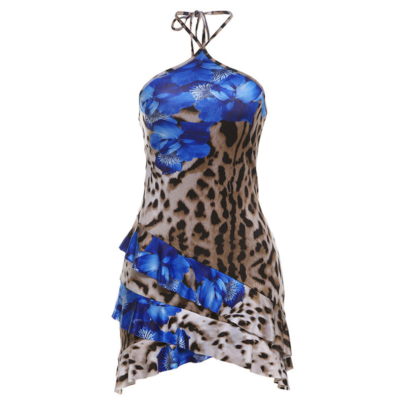 Backless Halter Lace-Up Leopard Print Mini Dress