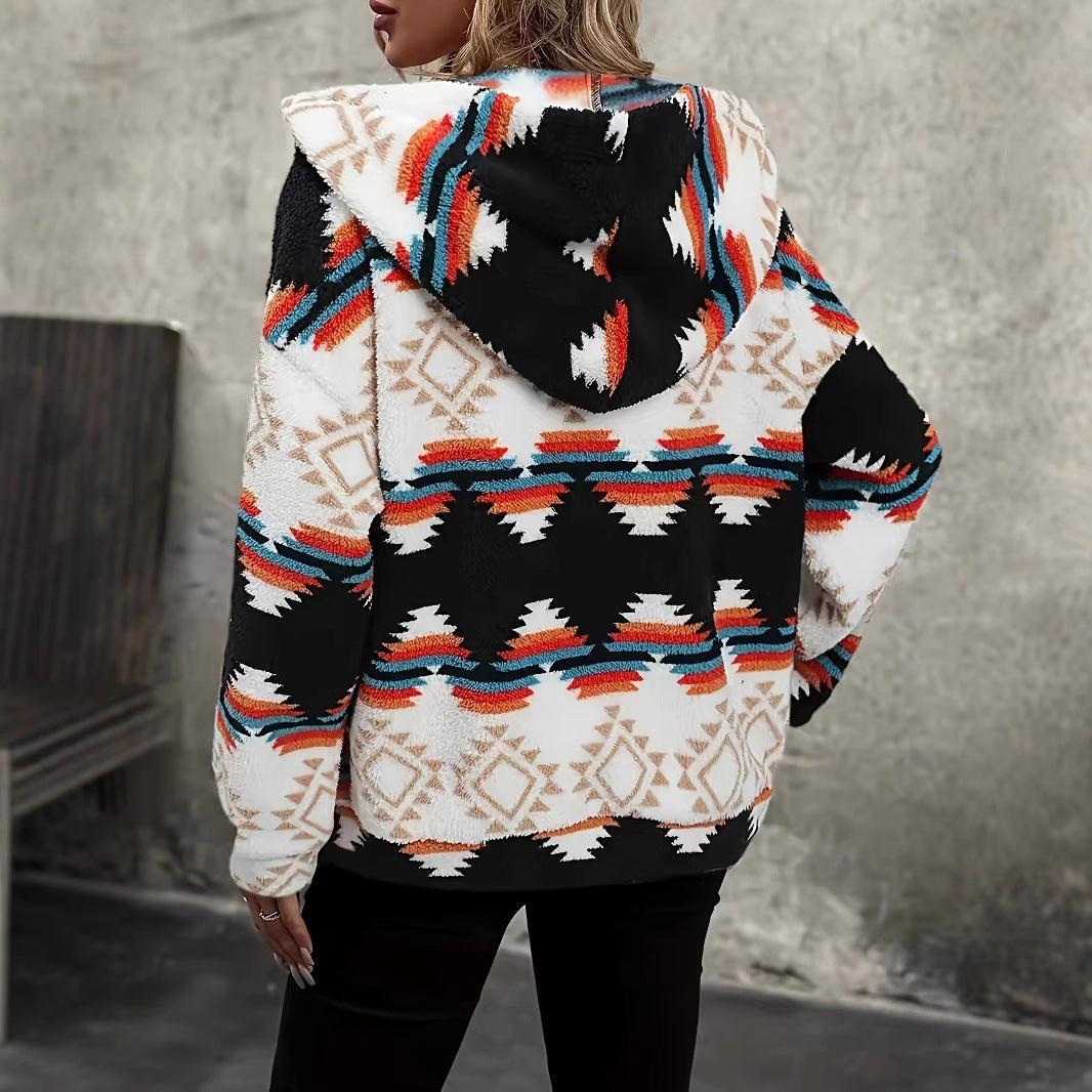 Female Rhombus Color Contrast Short Berber Fleece Coat