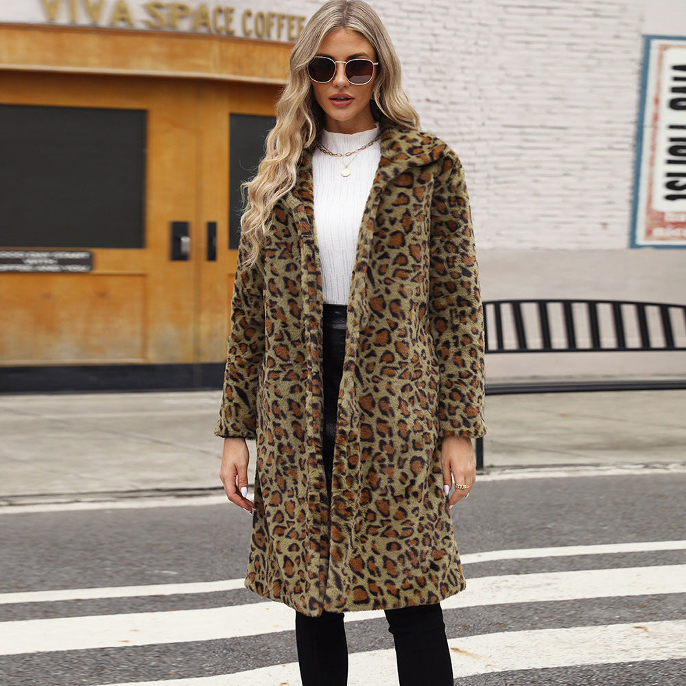 Leopard Print Imitation Fur Plush Lapel Coat