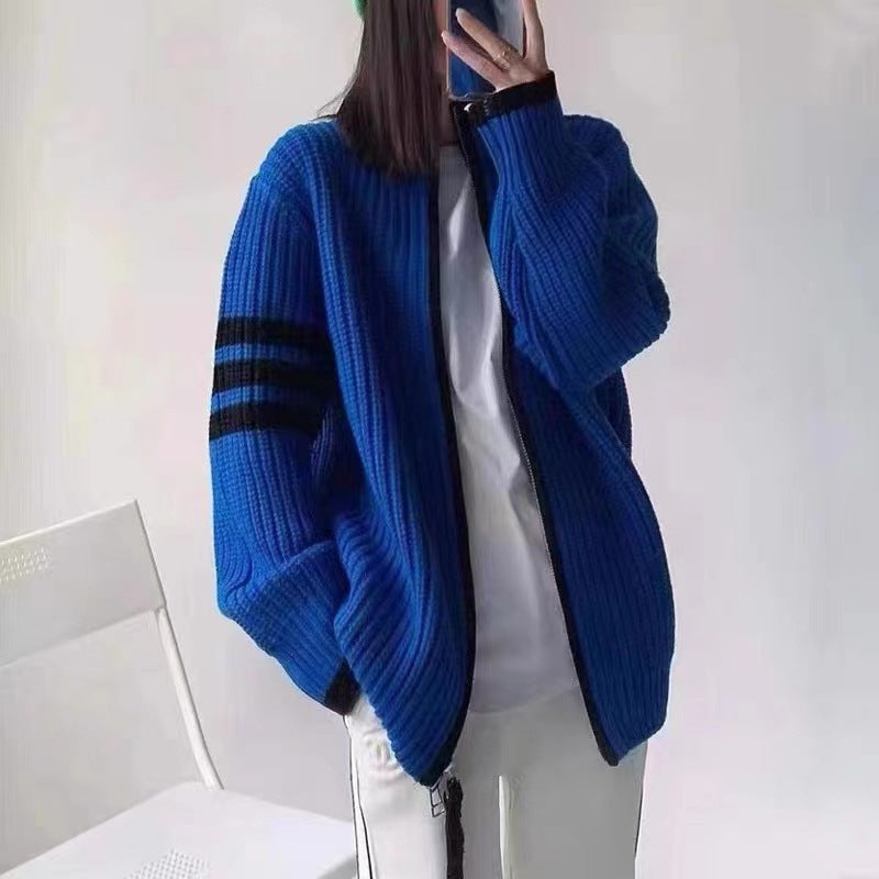 Contrast-Colour Striped Stitching Zipped Stand-Collar Sweater Coat