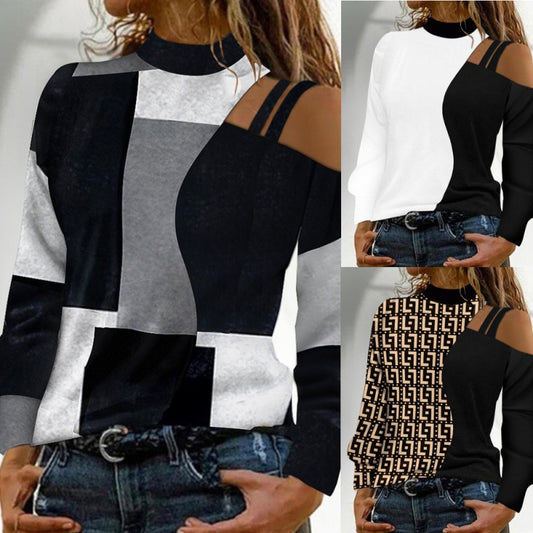 Simplicity Off-the-Shoulder Coloured Geometric Blocks Pattern Long-Sleeve Top