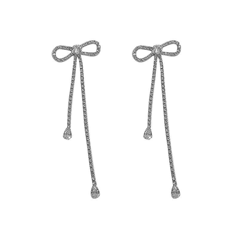 Silver Needle Long Bow-Tie Earrings For Women