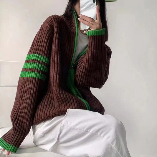 Contrast-Colour Striped Stitching Zipped Stand-Collar Sweater Coat