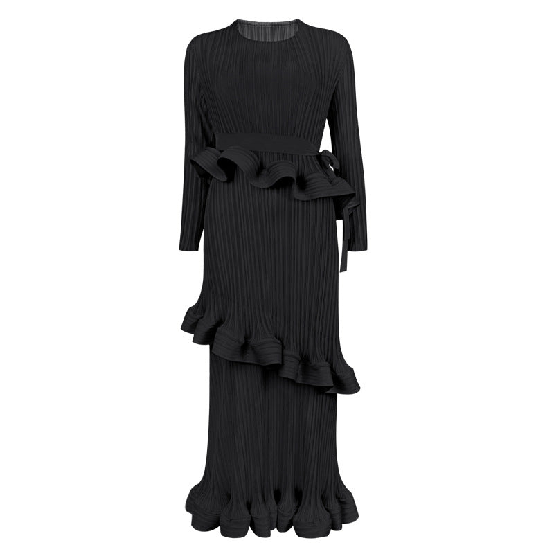 Ruffled Long-Sleeve Lace-Up Midi Dress