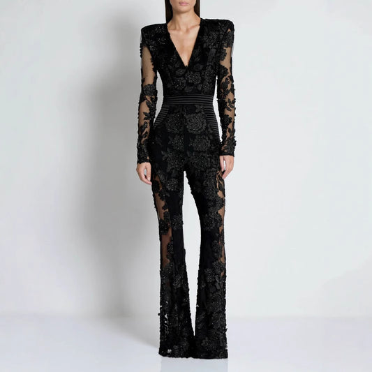 Lace Rhinestone Long-Sleeve Evening Jumpsuit