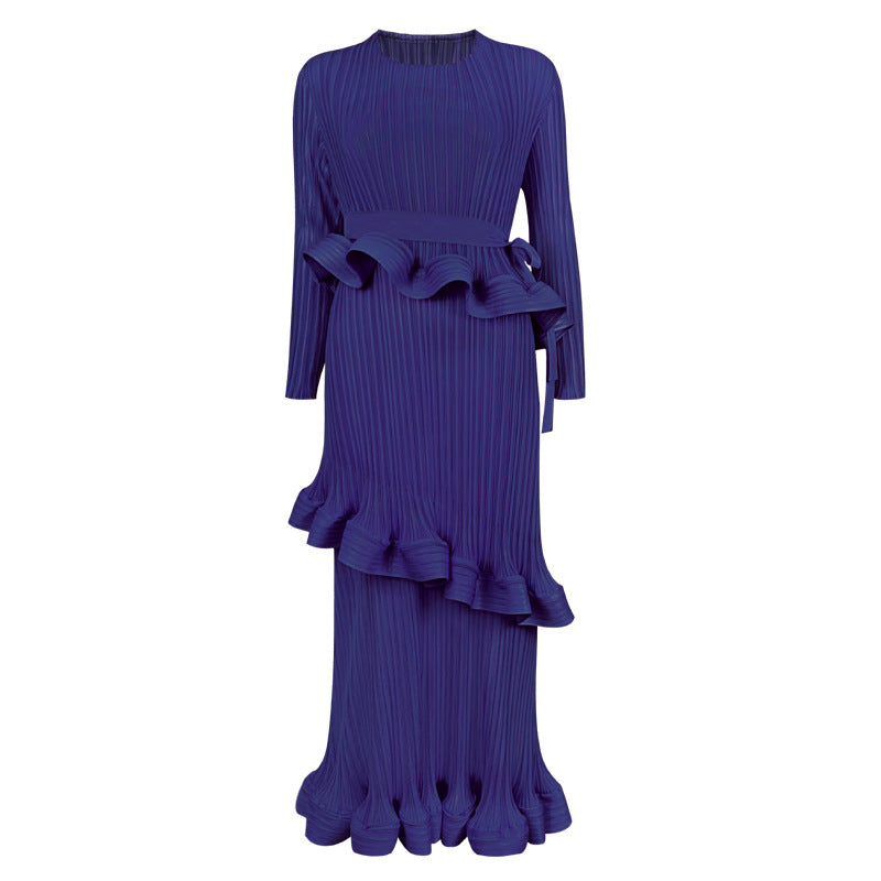 Ruffled Long-Sleeve Lace-Up Midi Dress