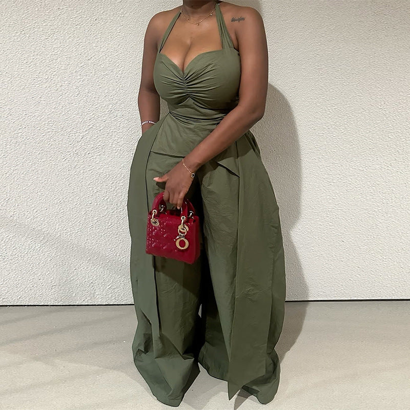 V-Neck Irregular Sleeveless High-Waist Ribbon Jumpsuit