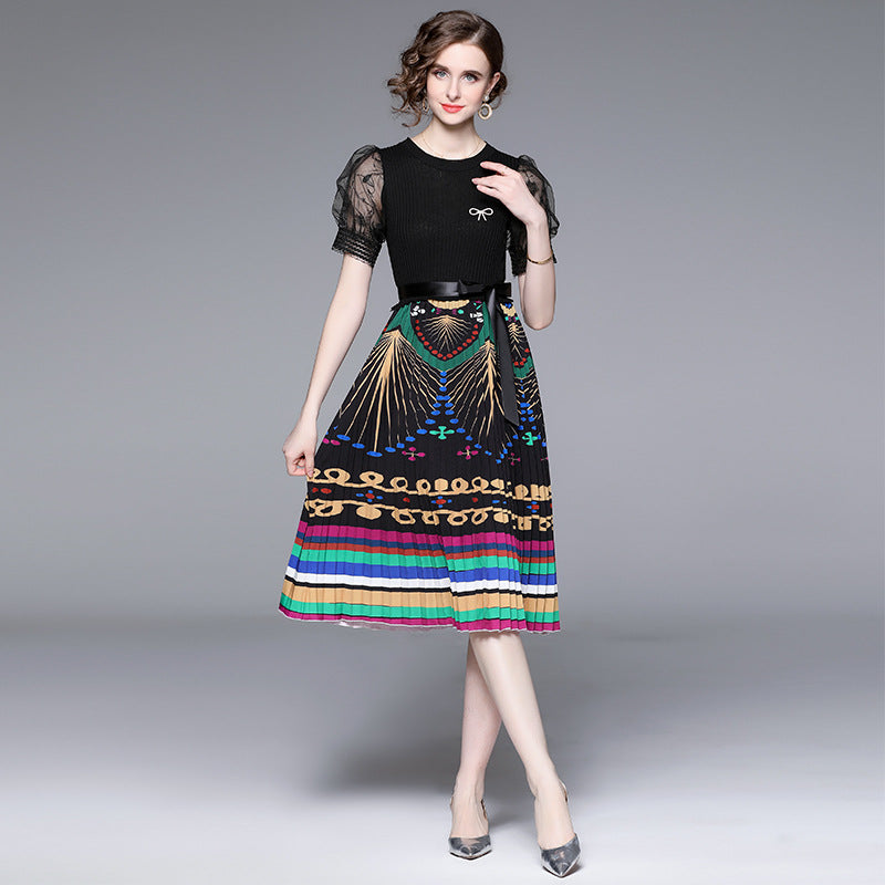 False Two-Piece Mesh Stitching Printing Dress