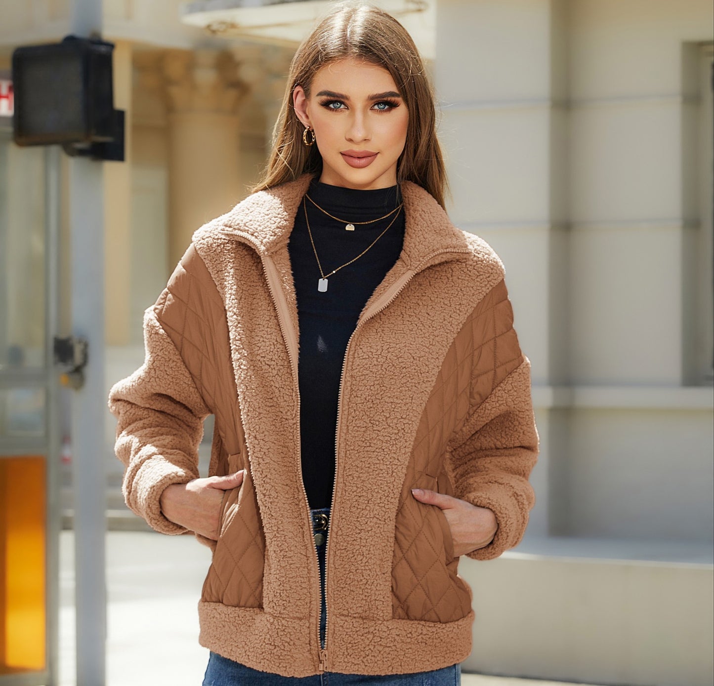 Women's Zipper Plush Stitching Coat