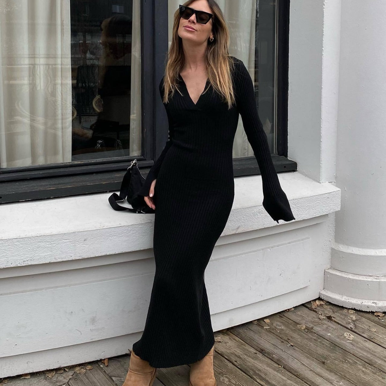 Long-Sleeve Women's Knitted Deep-V Dress