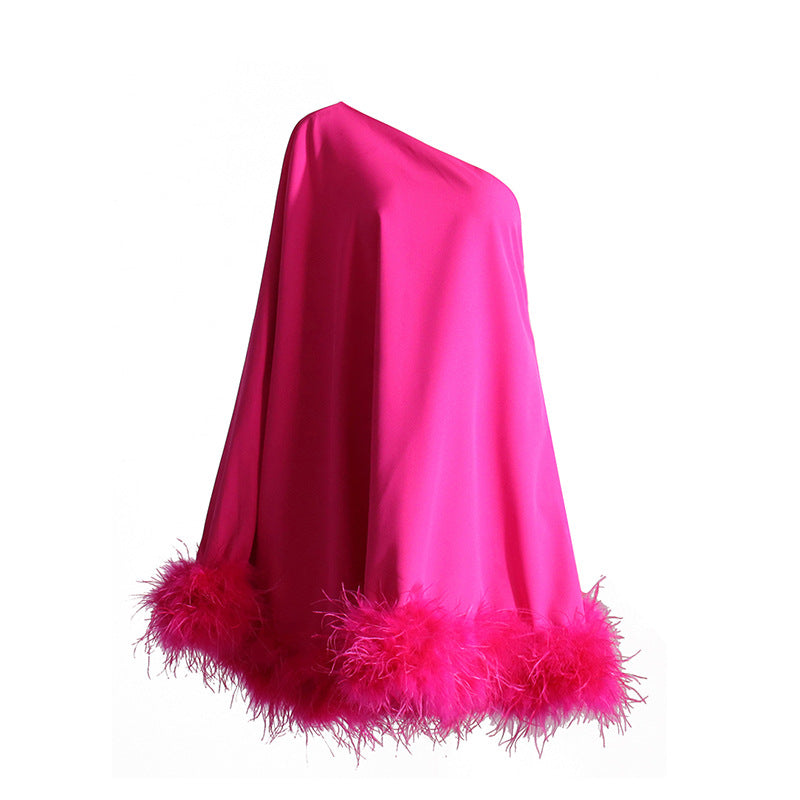 One Shoulder Feather Trim Evening Dress Solid Color Short Dress