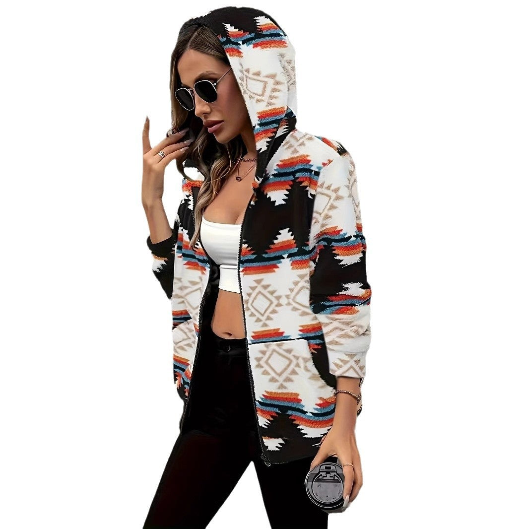 Female Rhombus Color Contrast Short Berber Fleece Coat