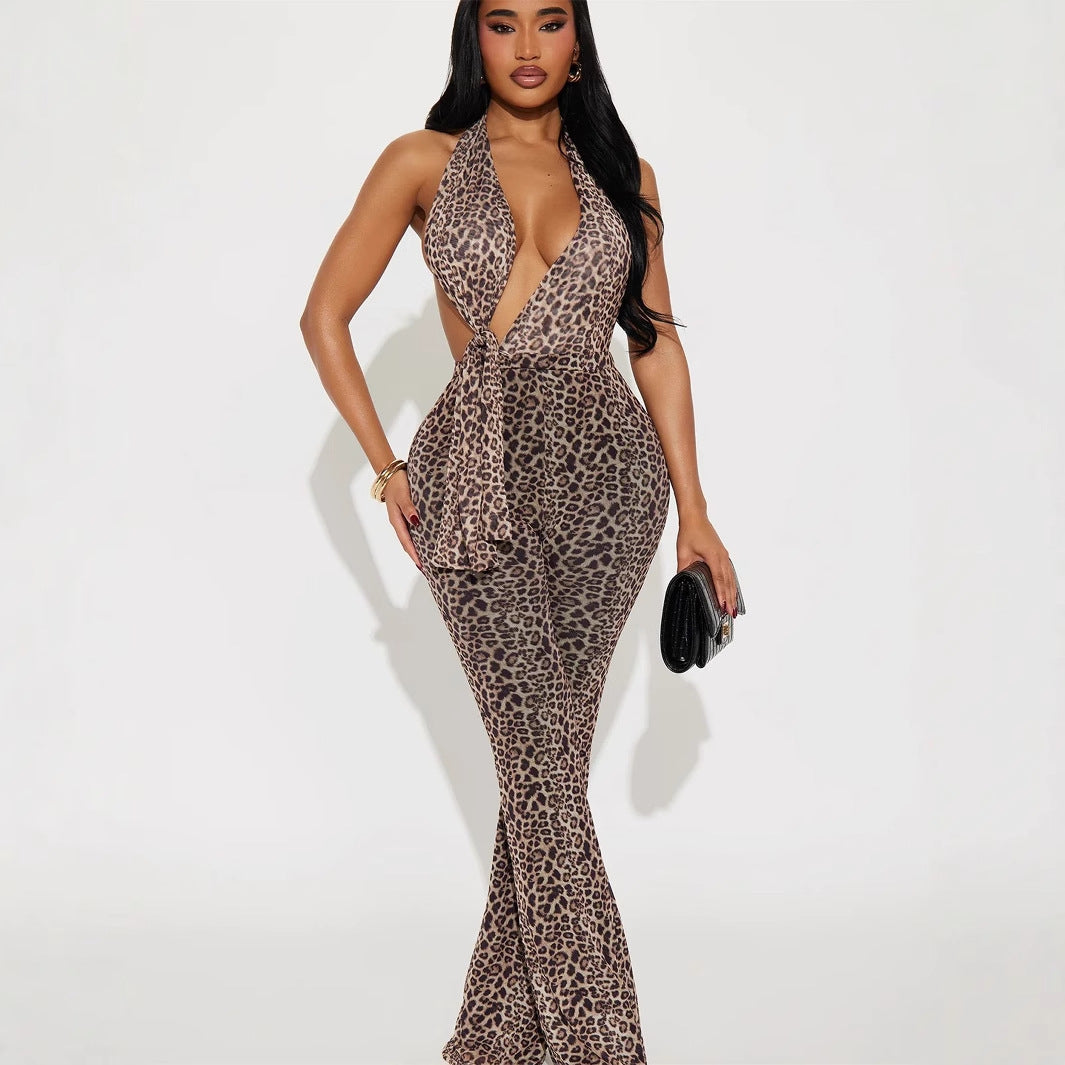 Leopard Print Backless Hip-Lifting Jumpsuit