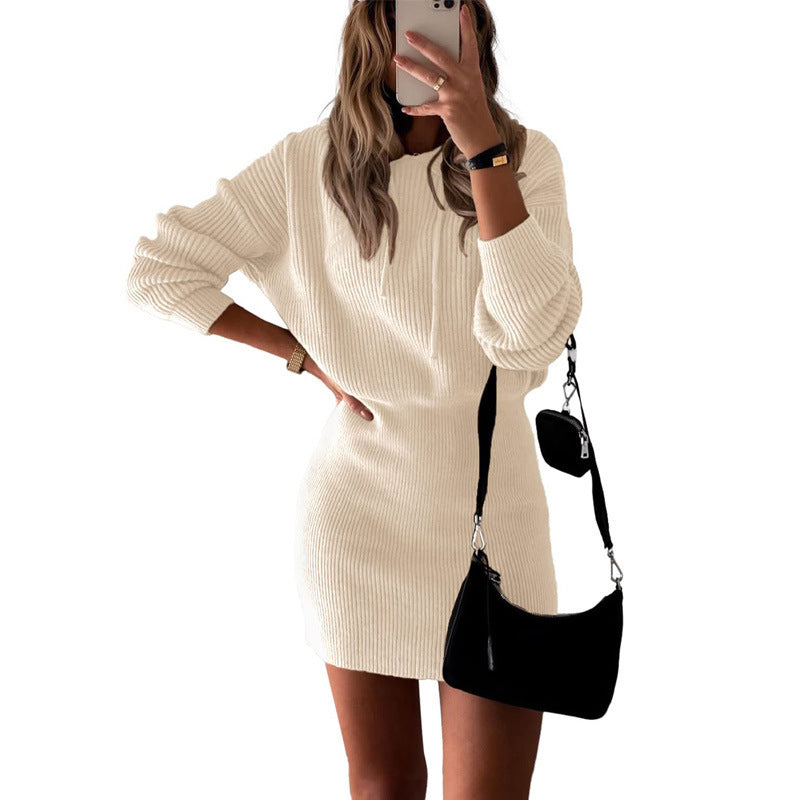 Solid Color Mid-Length Hooded Cinched-Waist Knitted Pullover