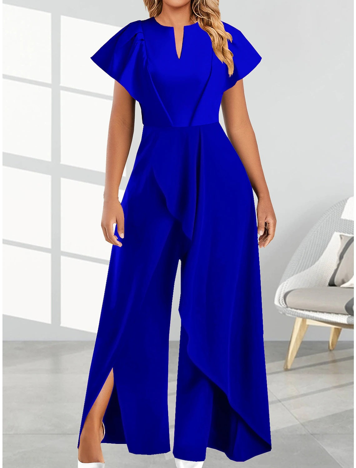 Women's V-Neck Irregular Wide-Leg Pants Jumpsuit