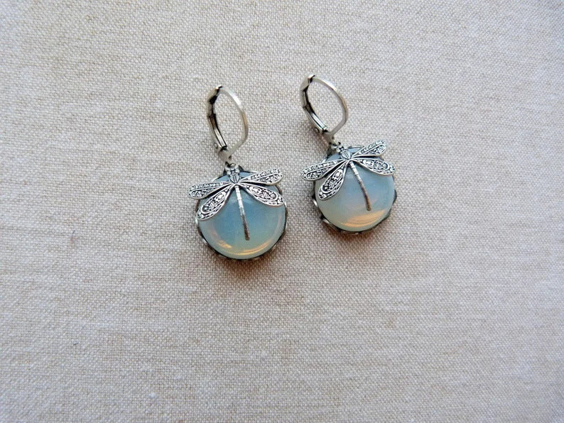 Vintage Dragonfly Pendant Earrings - Blue Moonstone Drop Earrings For Women