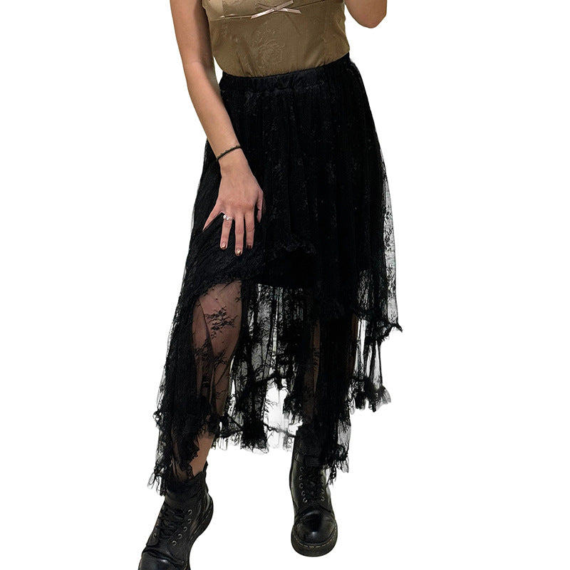 Irregular-Hem Mesh Long Skirt