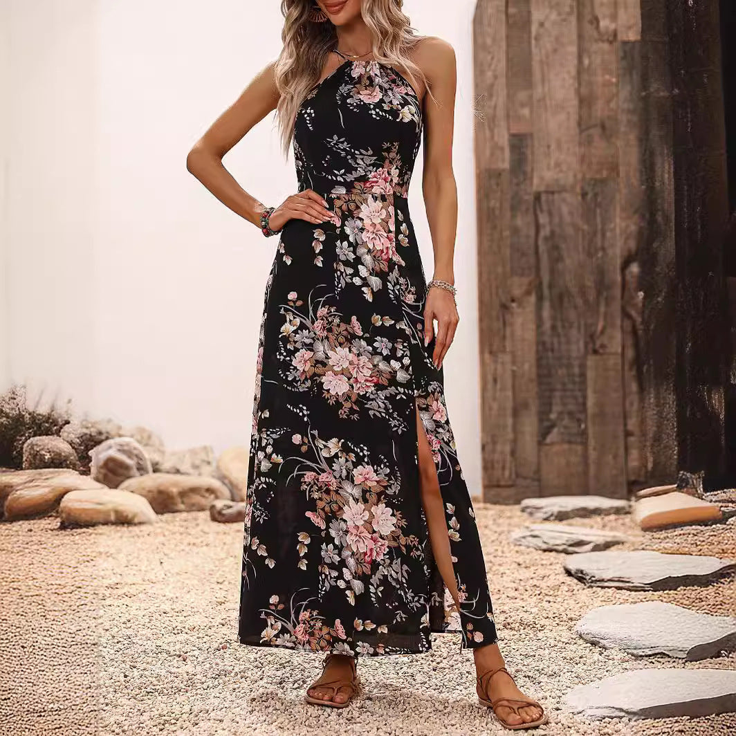 Halter Spaghetti Straps Short-Sleeve Slit Dress