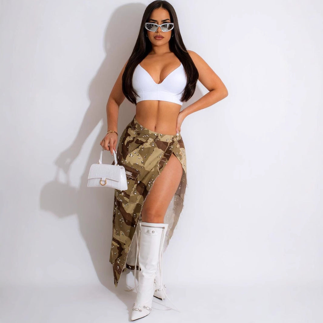 Camouflage Wash Pocket Slit Tassel Skirt