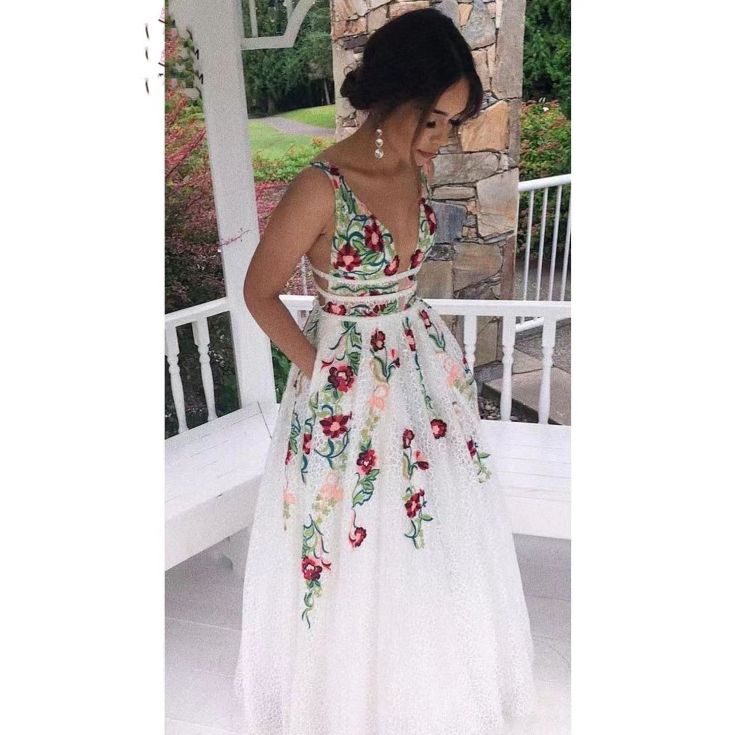 Backless Flower Decoration V-Neck Long Dress