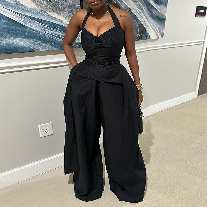 V-Neck Irregular Sleeveless High-Waist Ribbon Jumpsuit