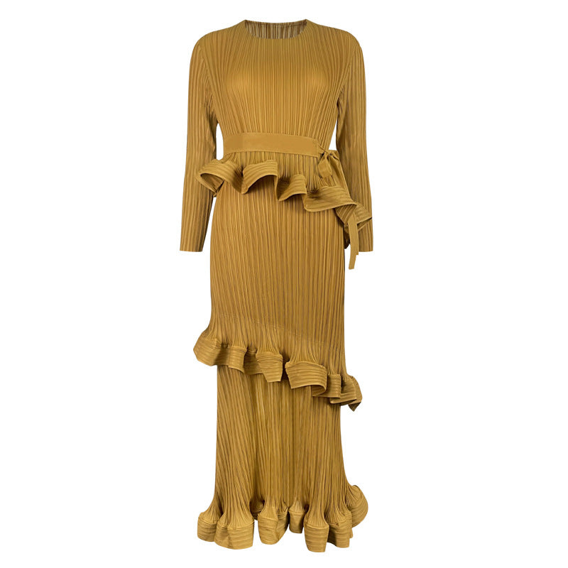 Ruffled Long-Sleeve Lace-Up Midi Dress