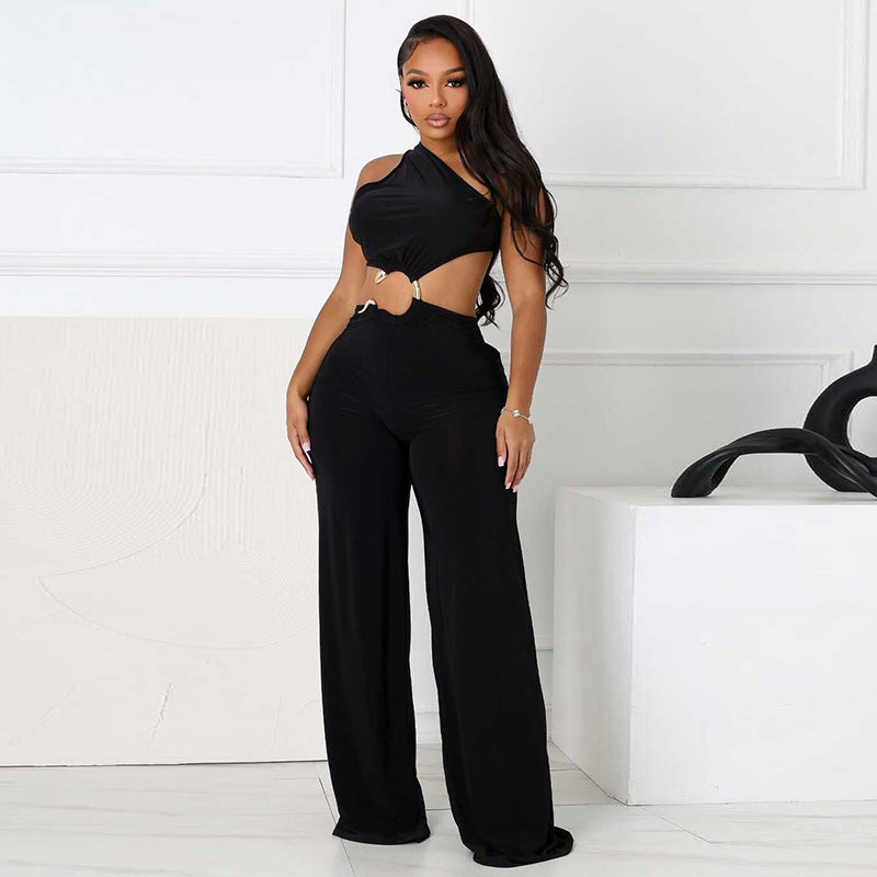 Hollow-Out Diagonal-Collar Conjoined Lace-Up Jumpsuit