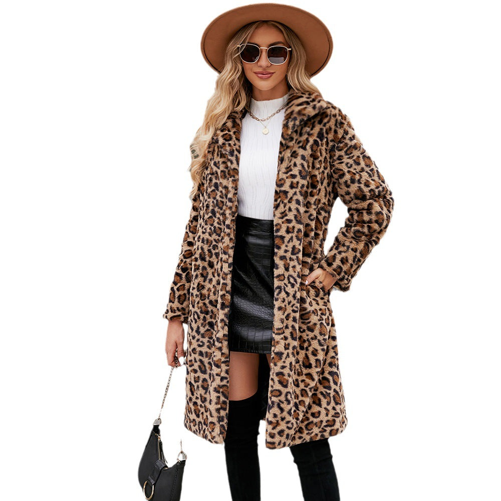 Leopard Print Imitation Fur Plush Lapel Coat