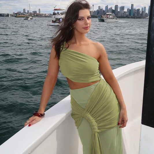 Sexy Strapless Top Slim Fit Oblique Skirt Suit