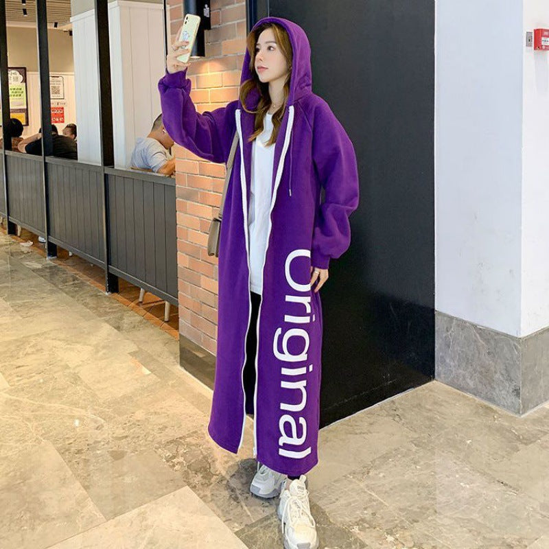 Loose-Fitting Plus-Size Pullover Hooded Fleece-Lined Thickened Long-Section Zipper Hong Kong Style Cardigan Dress