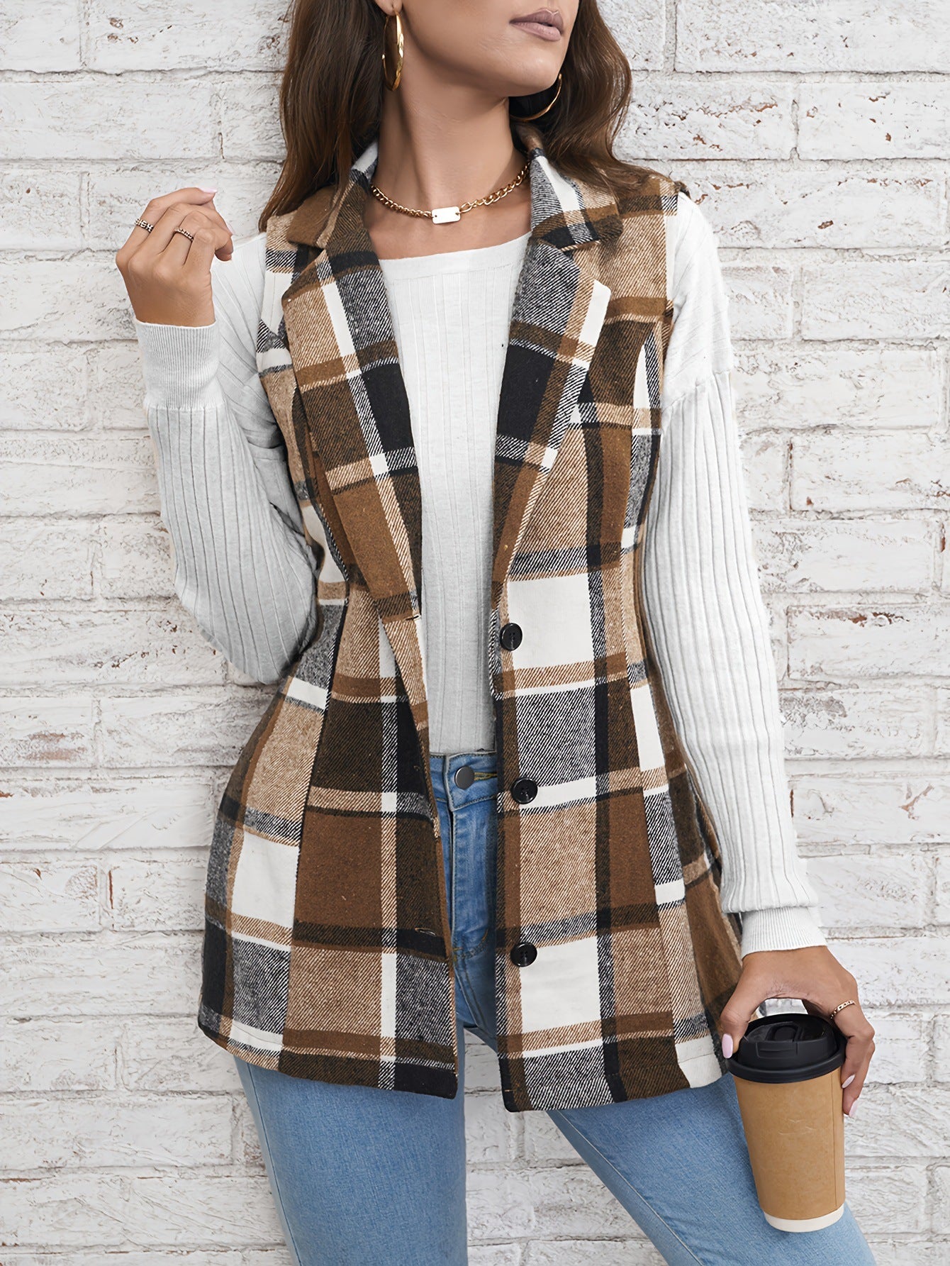 Lapel Suit Vest Plaid Coat