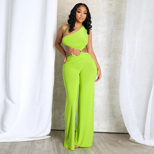 Hollow-Out Diagonal-Collar Conjoined Lace-Up Jumpsuit