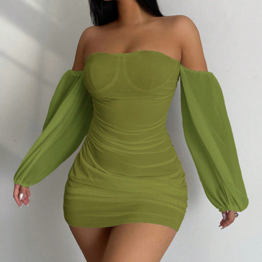 Off-Neck Long-Sleeve Pullover Hip Dress